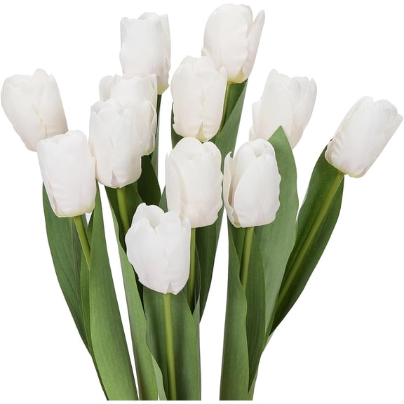 White Flowers Artificial Tulips Real Touch Tulip Bouquets in Bulk Fake Tulips Flowers for Home Kitchen Decoration Wedding Party with Box