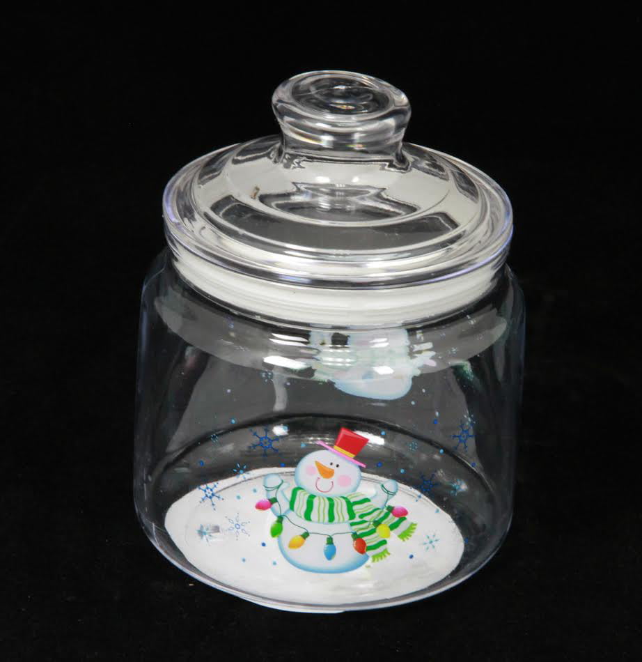 Clear Glass Christmas Snowman Canister Cookie Jar or Candy Dish 