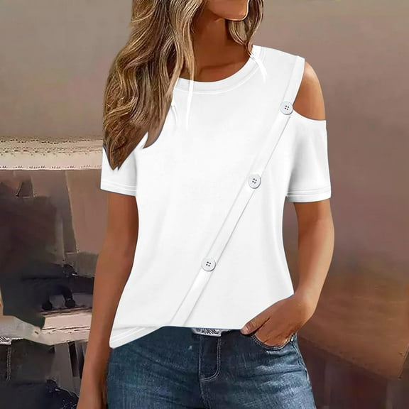 Njoeus Cute Summer Tops for Women Womens T Shirts Off Shoulder Tops for Women, Women's 2025 Summer Tops Trendy Casual Comfort Solid Button Splicing Short Sleeve Round Neck Shirt S-3Xl White Shirt Wome