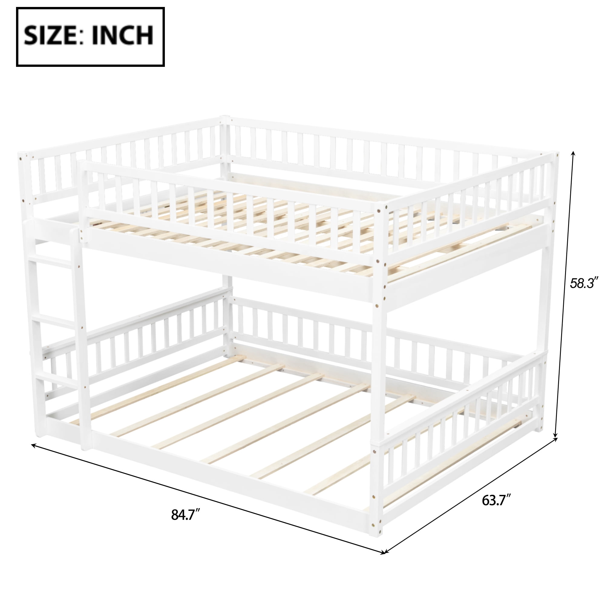 Euroco Wood Queen over Queen Bunk Bed with Ladder and Guardrails, White