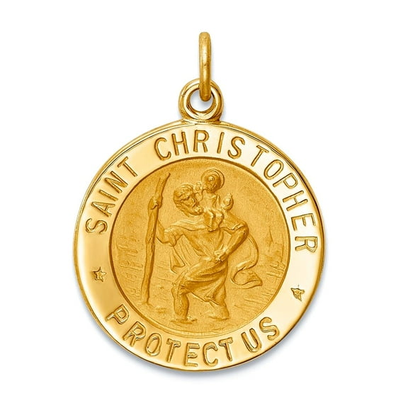 14k Yellow Gold Solid Polished Satin Small Round St. Christopher Medal Pendant Necklace 20x15mm Wide Pendant for Women