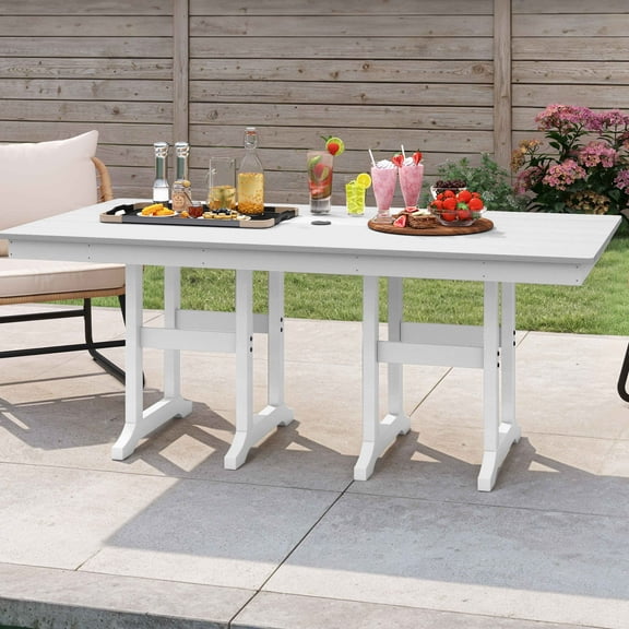 ModFusion Outdoor Plastic Rectangular Dining Table with HDPE Resin Material & Umbrella Hole, 165 lbs, White