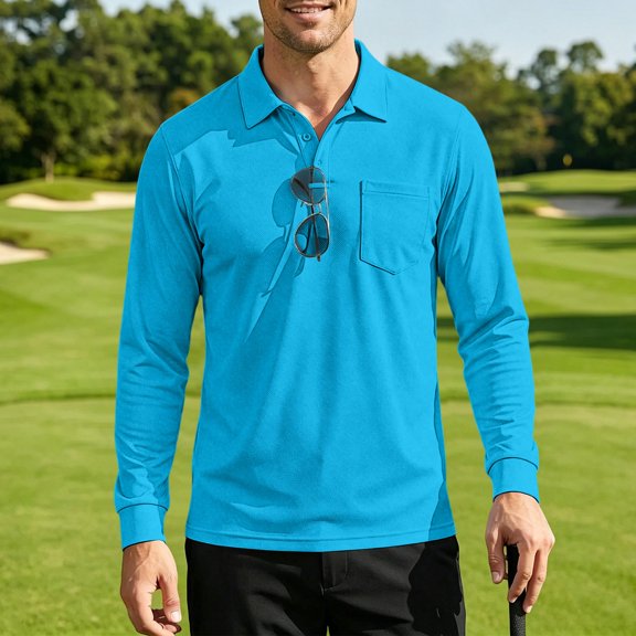 Domuza Men's Slim Fit Long Sleeve Polo Shirt with Pocket, Soft Stretch Fabric, Versatile Casual Top for Office Weekend Light Blue M