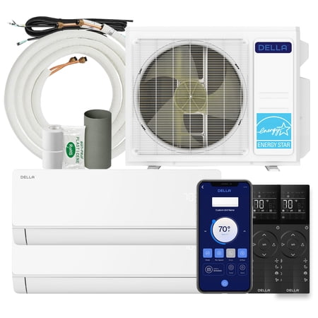 DELLA 18,000 BTU 2 Zone (2x9K) Mini Split Air Conditioner System, 25 SEER2 208-230V, Cools Up to 800 Sq.Ft, Energy Efficient, Works with Alexa & WiFi, Pre-Charged, Inverter Heat Pump, 16ft Kits