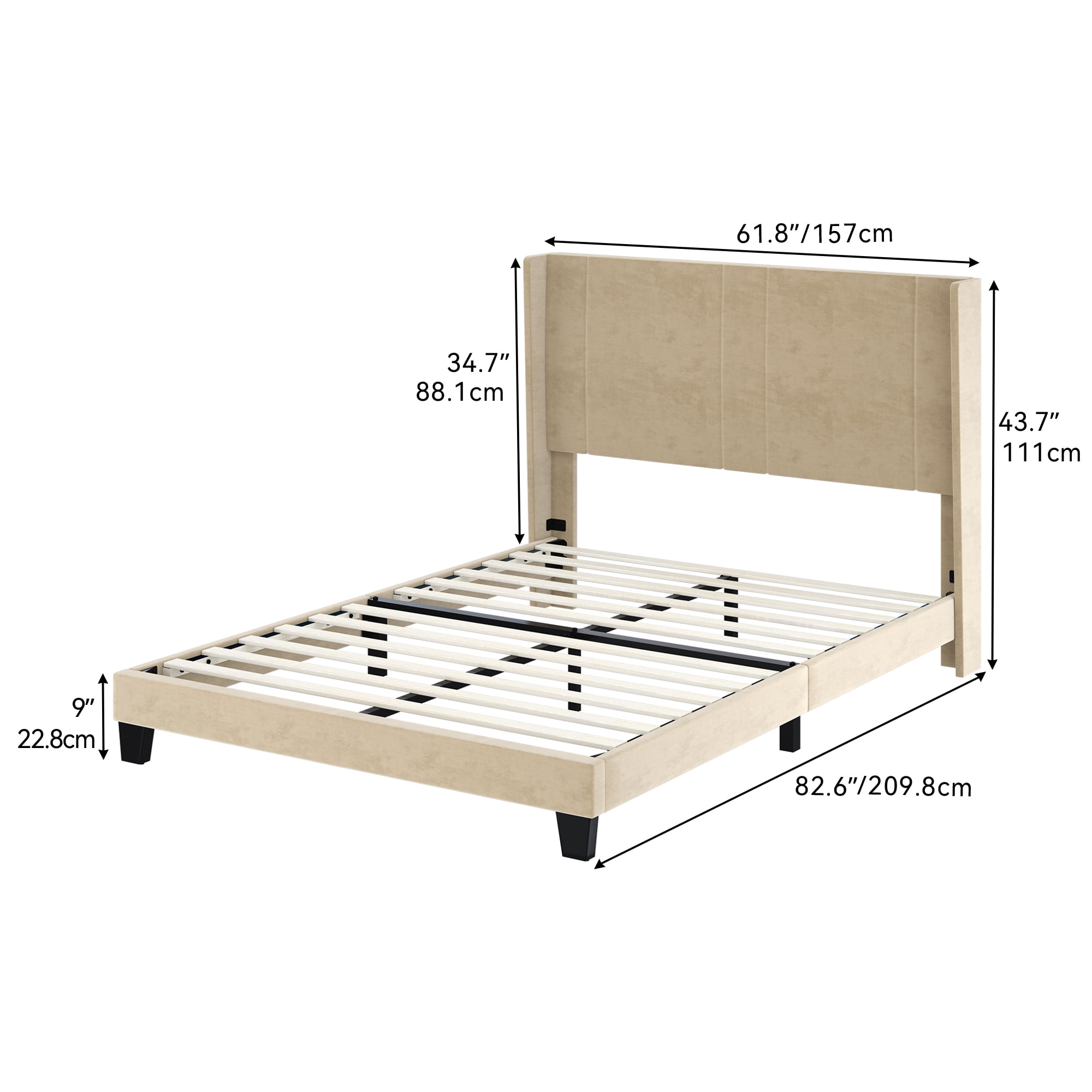 Uforic Queen Size Upholstered Bed Frame with Beige Velvet Headboard and Wingback, Strong Wood Slats Support Mattress Foundation, No Box Spring Needed, Perfect for Adult, Beige