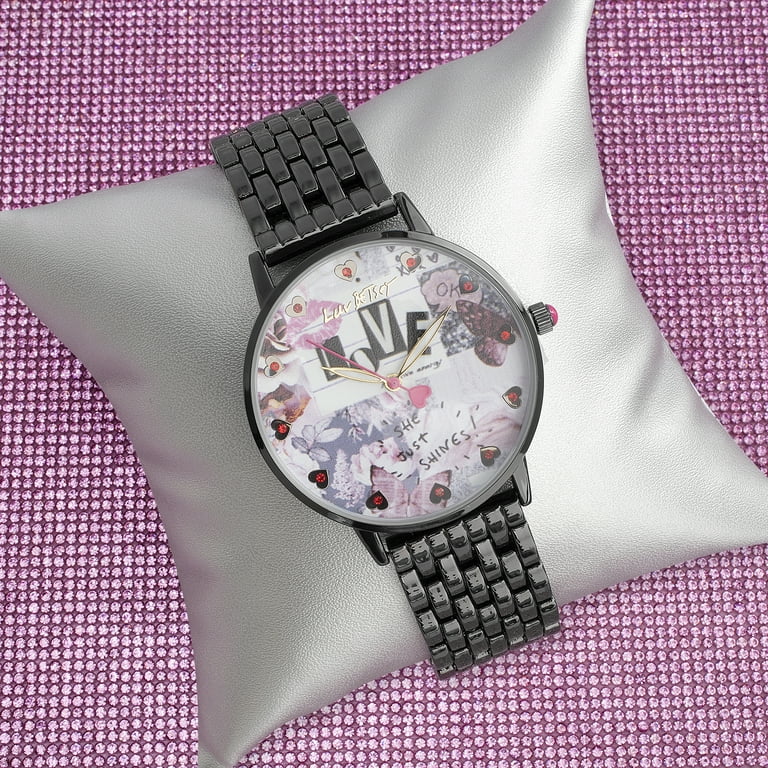 Luv Betsey Women s Sunray Dial with Various Design Case and Black Strap Watch Walmart