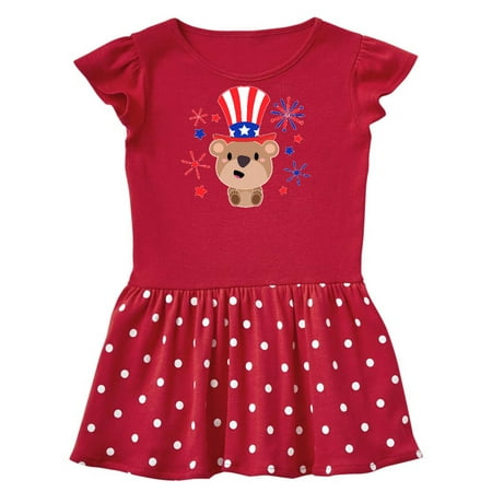 

Inktastic 4th of July Cute Bear with Blue and Red Fireworks Gift Toddler Girl Dress