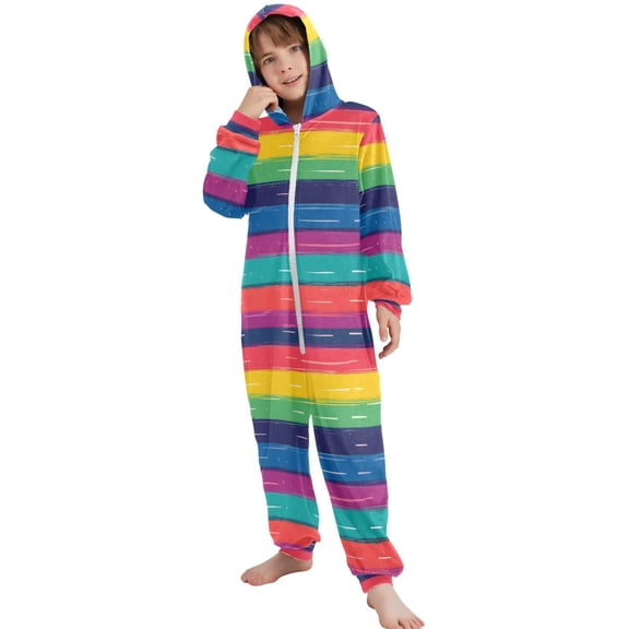 JOOGOO Rainbow Stripes Pattern Pattern Unisex Onesie Pajamas Jumpsuit Kids One-Piece Hooded Sleepwear 7-8T
