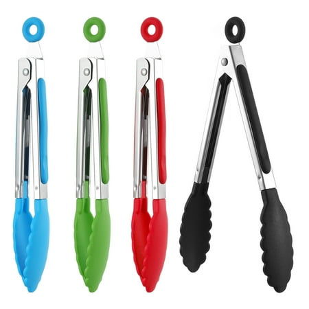 Springcorner 4Pcs 8in Stainless Steel Kitchen Tongs  Serving Utensil Tongs for Cooking  Metal Food Tongs with Non-Slip Comfort Grip  Non-Stick Cooking Tong(Black Red Blue Green)