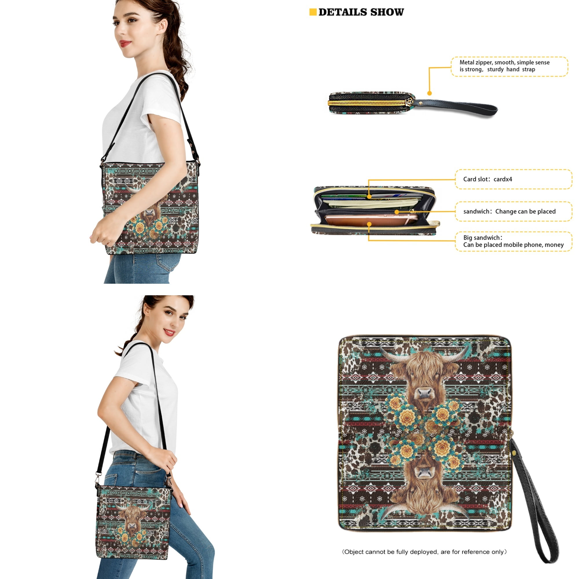 ZUXONGSY Aztec Highland Cow Boho Mandala Print Leather Bucket Bags for Women 2 Pcs Large Bucket Handbag with Wallet Set, Crossbody Hobo Bag Satchel Purse Bucket Bag Purse for Shopping Travel Work