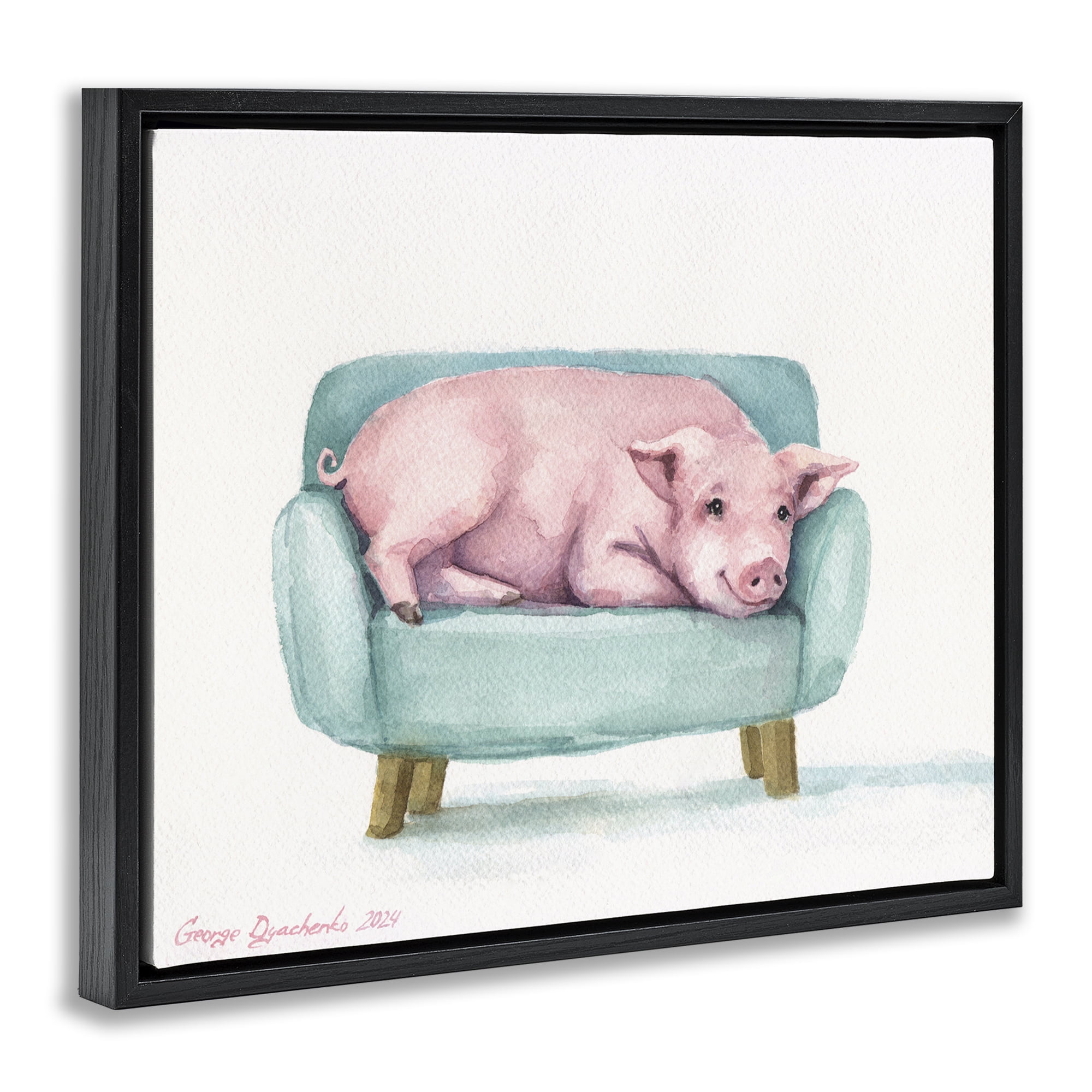 Stupell Industries Cute Piglet on Armchair Black Framed Floater Canvas Wall Art, design by George Dyachenko