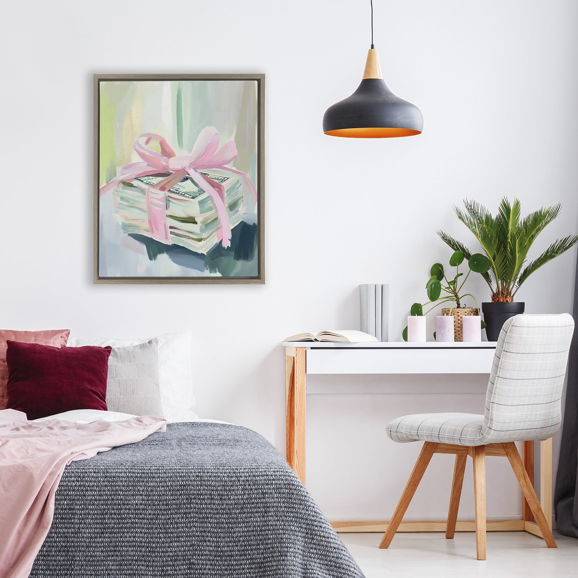 Stupell Industries Pink Bow Cash Bundle Brown Framed Floater Canvas Wall Art, design by The Prints Vibe