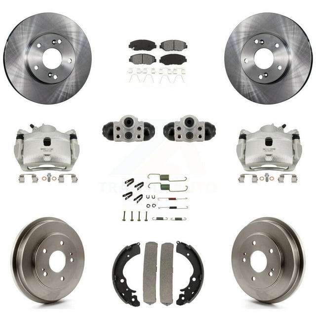 Transit Auto Front Rear Disc Brake Caliper Rotors Drums Semi-Metallic Pads Shoes Wheel Cylinders and Hardware Kit (11Pc) for Car 2013-2014 Honda Fit EV with BATTERY (EV BEV) engine KC8-101356S