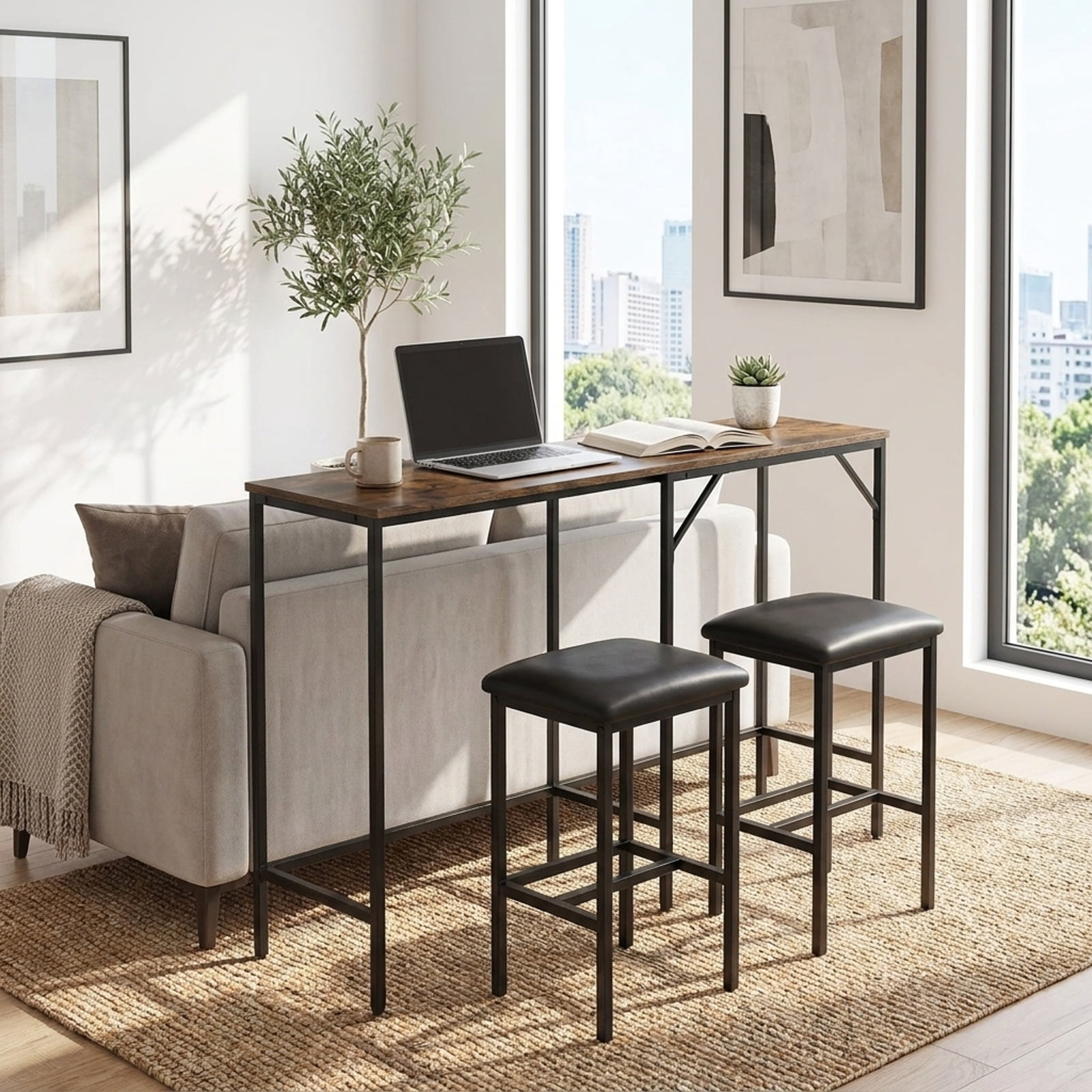 Furnibear 3-Piece Convertible L-Shaped Kitchen Table Chair Set with 2 AC Outlets USB Port and Type-C Port for Kitchen Dining Room, Rustic Brown