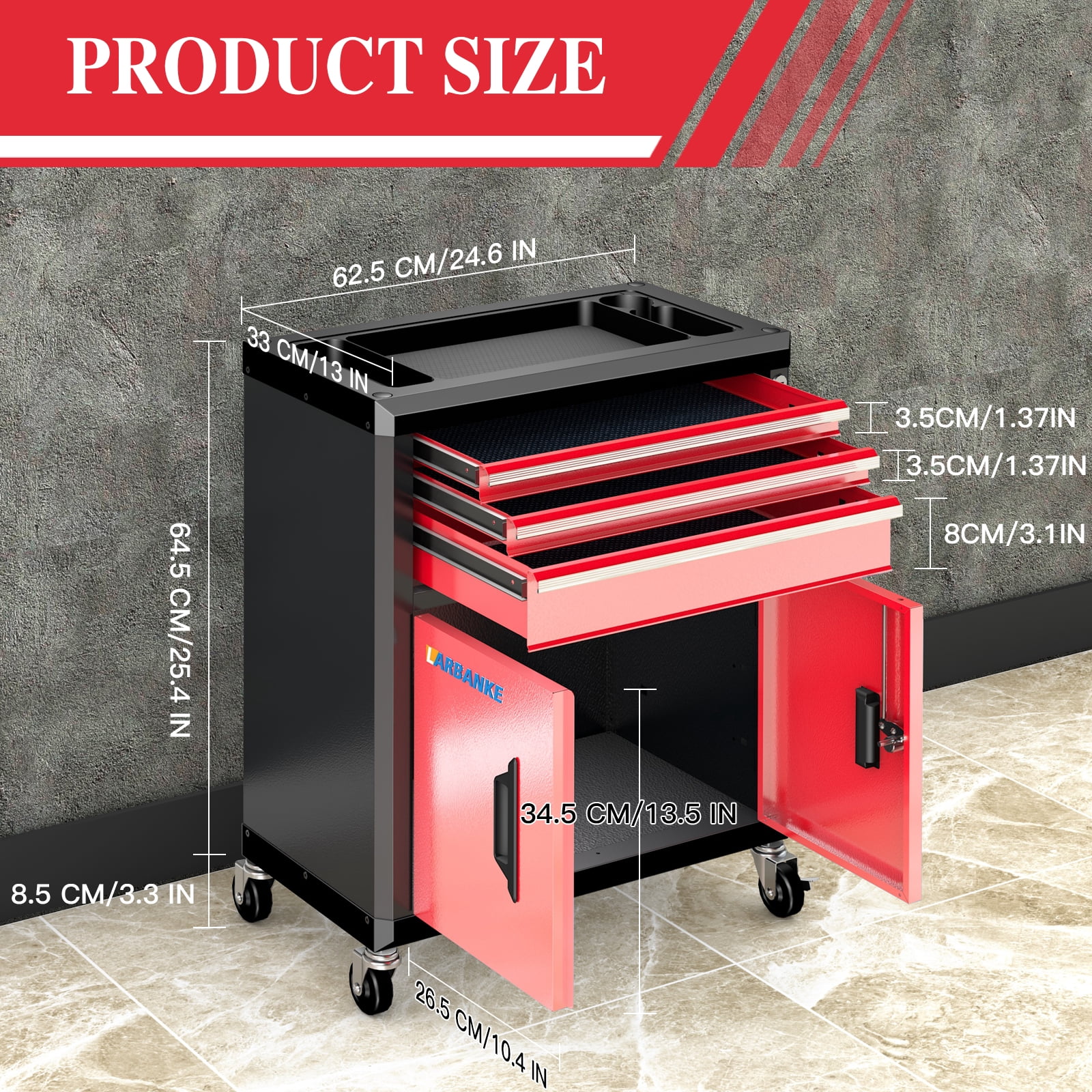 Rolling Tool Chest, 3 Drawers & 2 Doors Metal Tool Box, Heavy Duty Tool Cabinet with 360° Swivel Wheels, Lock & Keys, Stackable with 4/5/7-Drawer Units via Connecting Rods