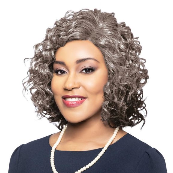 Bettina Wig Color 3T51 - Foxy Silver Wigs Medium Length Wavy Spiral Curls Fusion Heat Synthetic Side Part African American Average Cap Bundle Maxwigs Hairloss Booklet