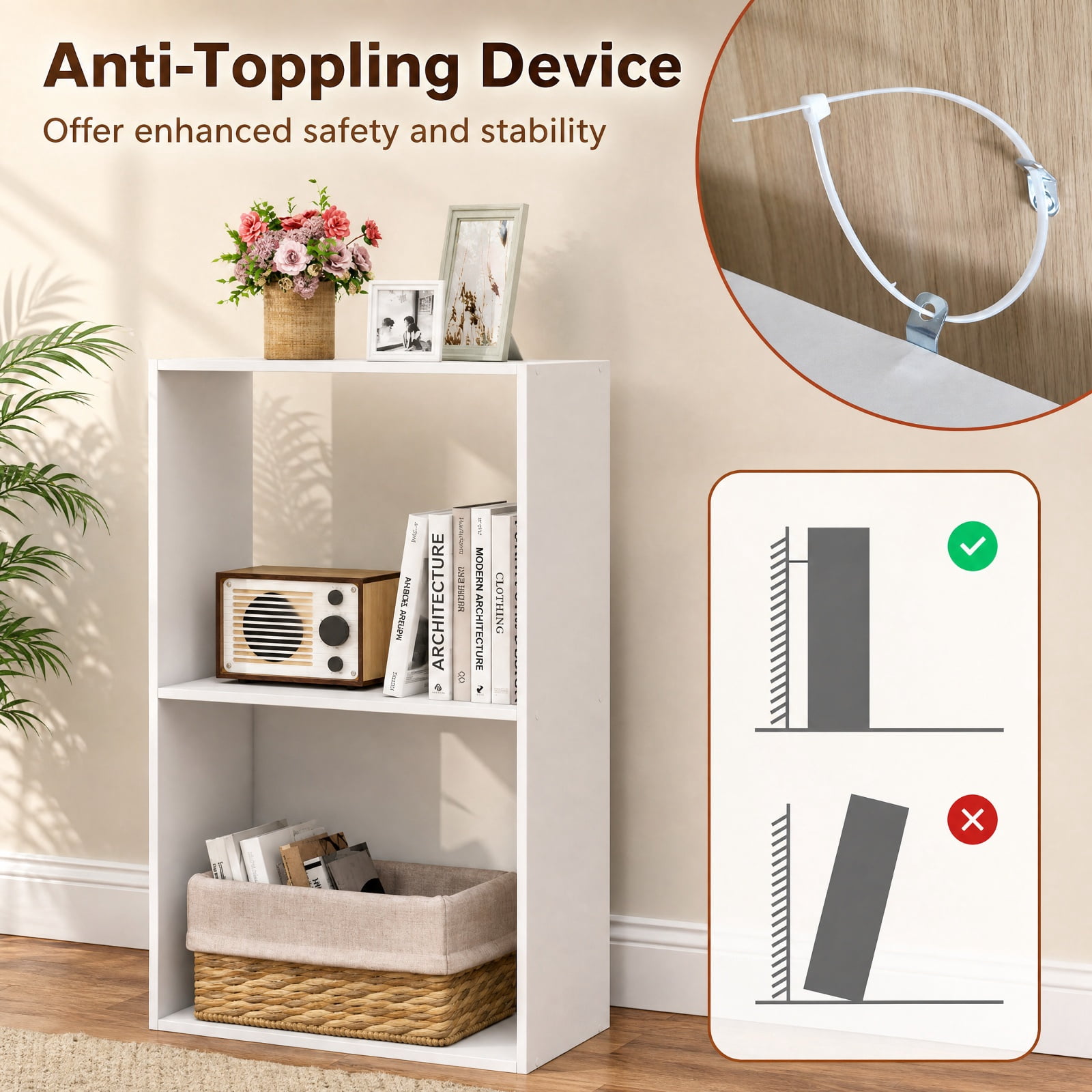 Furnibear 3-Tier Freestanding Bookshelf with Open Storage Compartment Countertop and Anti-Toppling Device for Study and Home Office, White