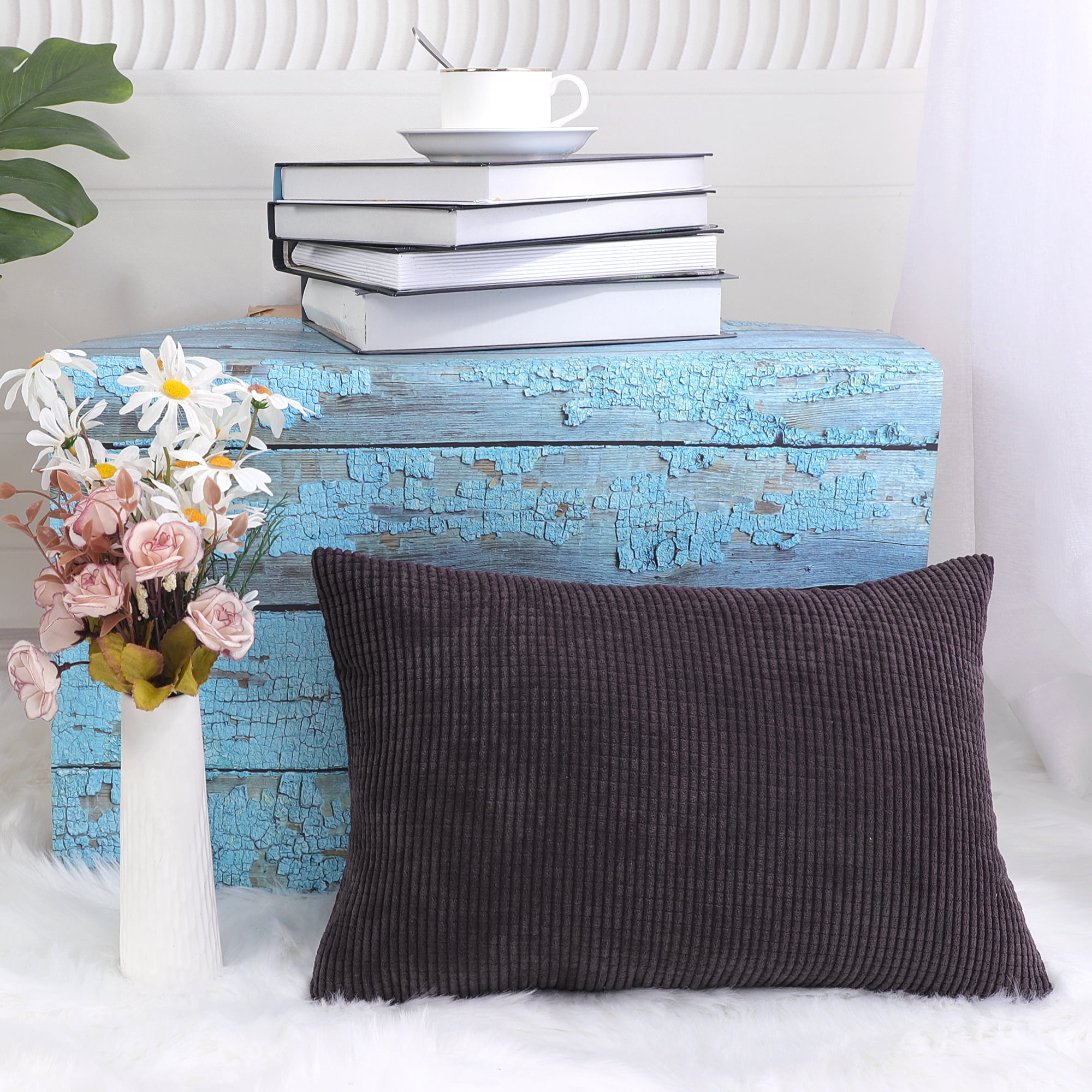 PiccoCasa Velvet Corn Striped Rectangle Throw Pillow Cover, Dark Brown, 12"x18"