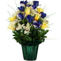 Sympathy Silks Outside Weighted Pot Silk bouquet- Artificial Yellow Tulip & Purple Iris