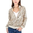 thumbnail image 2 of Womens Sequin Jacket Sparkle Long Sleeve Front Zip Casual Blazer Bomber Jacket With Pockets, Champagne,Small, 2 of 6