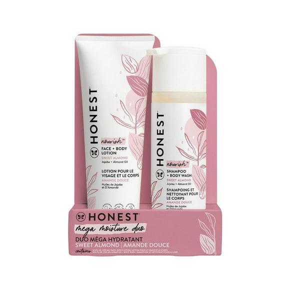 Honest Mega Moisture Duo - Sweet Almond de Honest para niños - 2 piezas de champú y gel de baño de 10 oz, loción para rostro y cuerpo de 8.5 oz
