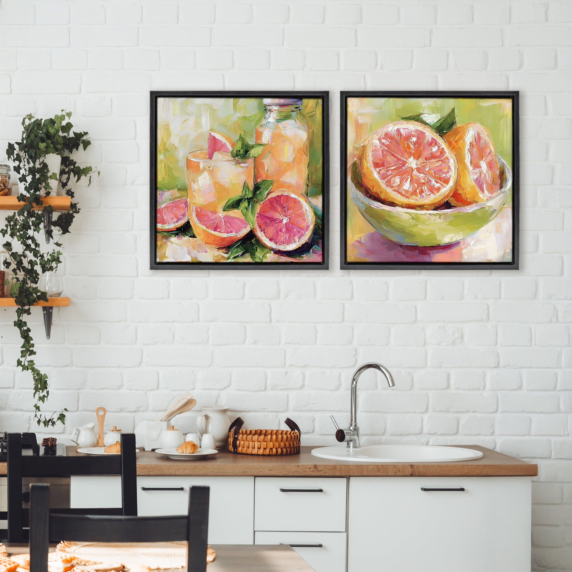 Stupell Industries Grapefruit Drinks & Fruits 2 Piece Black Framed Floater Canvas Set, design by Riley B