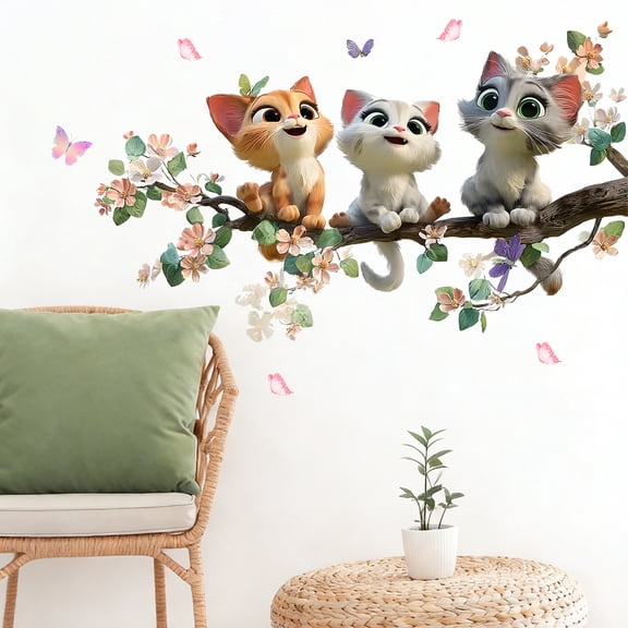 Cat Wall Decals Floral Wall Stickers Removable Decal Decorative Peel and Stick for Bedroom Living Room 31"x24"