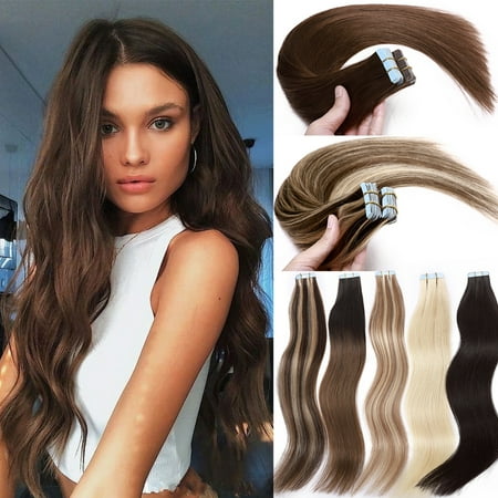 SEGO 20pcs Human Hair Extensions Tape in Balayage Chocolate Brown Natural Hair Extensions Tape in Real Hair Straight 12-24 inch