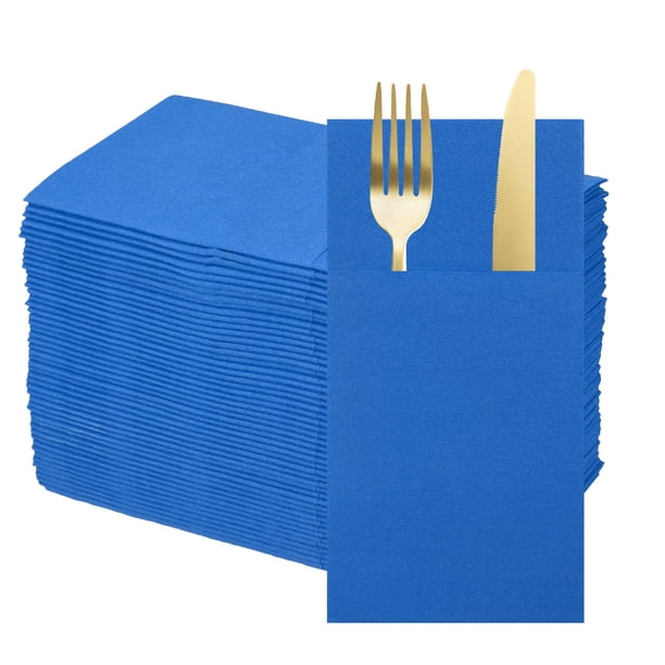 50 Pcs Servilletas Desechables con Sensación de Lino y Bolsillos para Cubiertos Incorporados, Servilletas de Papel para Cuchillo y Tenedor Azules