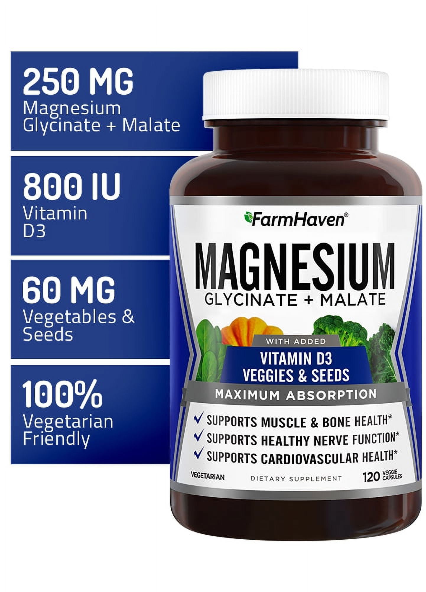 Magnesium Glycinate & Malate Complex w/Vitamin D3, 100% Chelated for Max Absorption, Vegetarian - Bone Health, Nerves, Muscles, 120 Capsules, 60 Days
