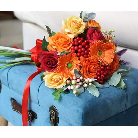Silk Flower Deluxe Diy Bouquet Real Touch Mix Roses Gerberas Berries Dusty Miller Artificial Flowers Arrangement For Gift Home Wedding Bridal Festive Red Orange Yellow 26pcs Walmart Canada