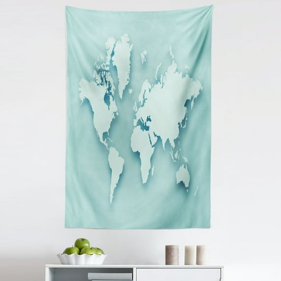 Map Tapestry, Simple Modern Minimal Style World Silhouette with Outlined Continents, Fabric Wall Hanging Decor for Bedroom Living Room Dorm, 5 Sizes, Pale Seafoam and Mint Green, by Ambesonne