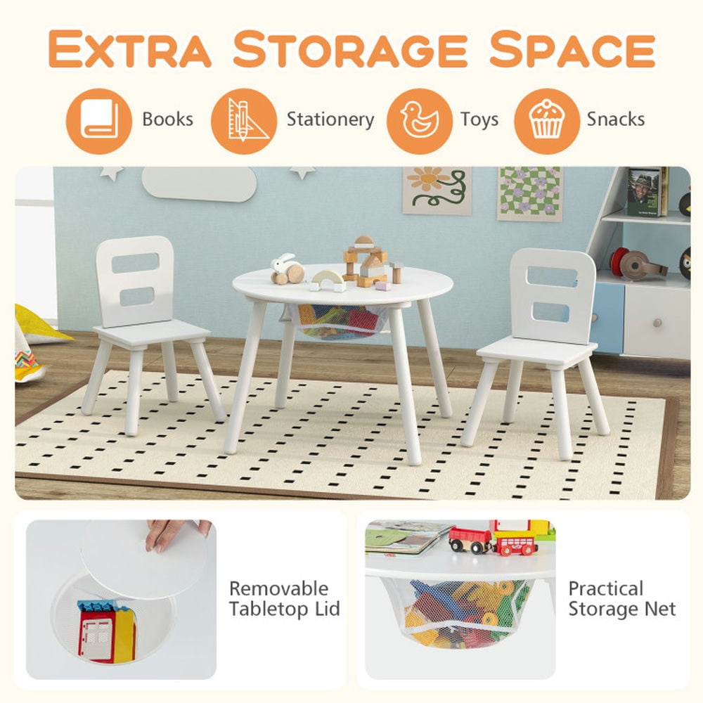 Kadyn Children Kids Table Chair Set,Children Playroom Table Chair Set,Wood Activity Kids Table and Chair Set with Center Mesh Storage-White