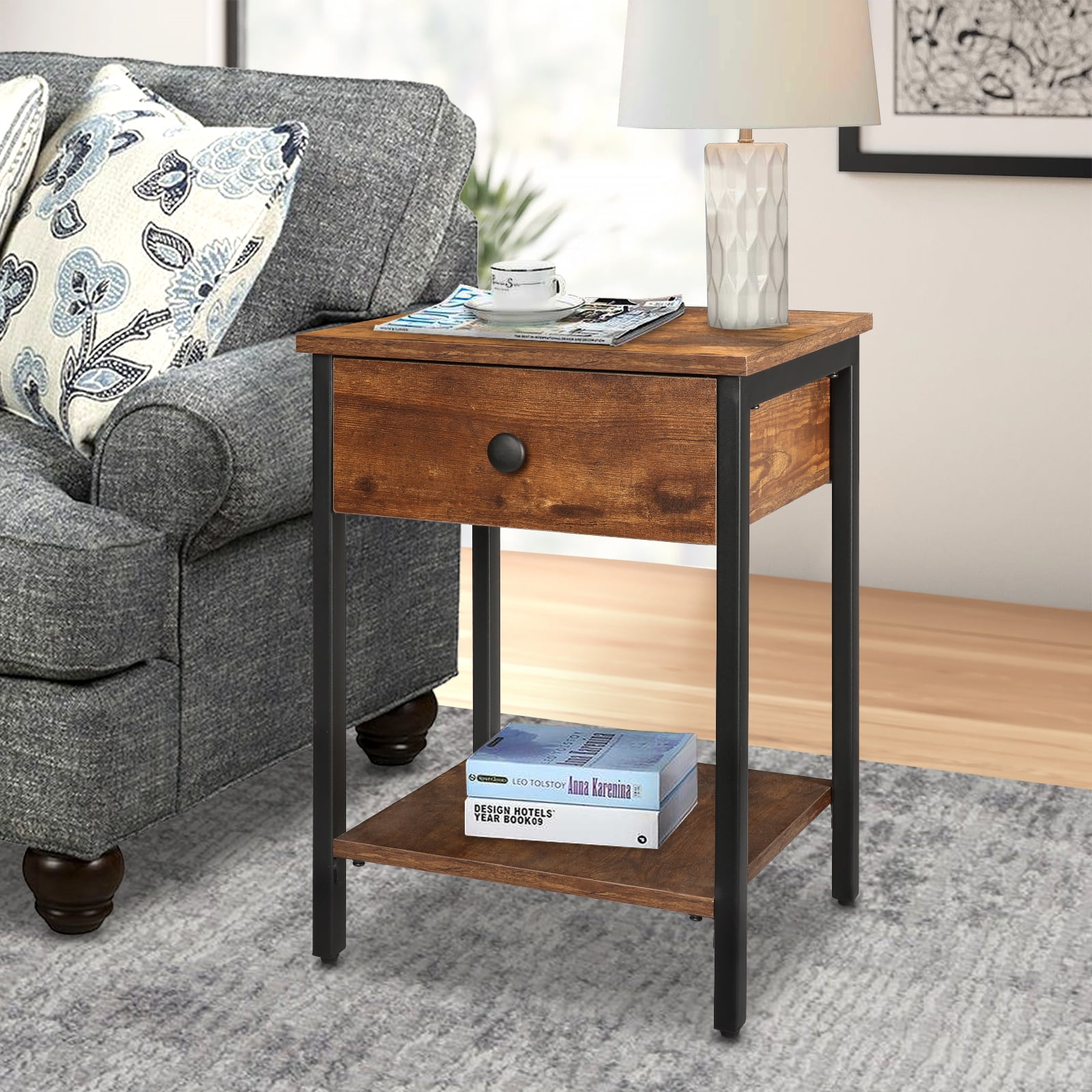 Lusimo Square Side Table Nightstand with Drawer Farmhouse End Table for Small Spaces 2Tier