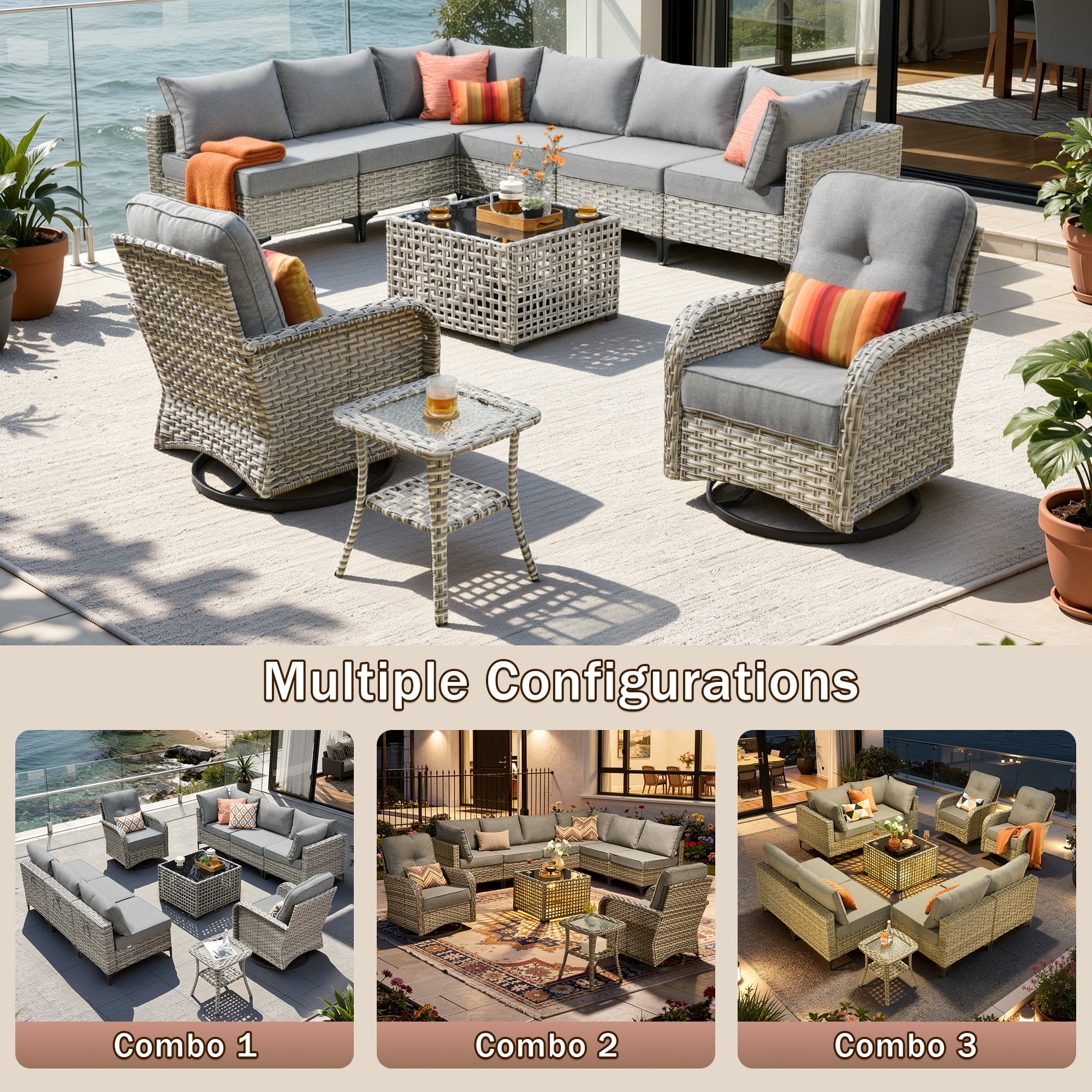 Vcatnet Outdoor Furniture 10 Pieces Patio Conversation Set All-Weather Rattan Wicker Outdoor Sectionals with Swivel Rocking Chair and Solar-Powered Coffee Table Dark Gray