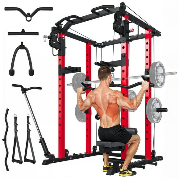 AECOJOY Power Squat Rack Cage with LAT Pulldown – 2000LB Capacity All-in-One Home Gym Strength Training Equipment with Pulley System, for Bench Press & Strength Training