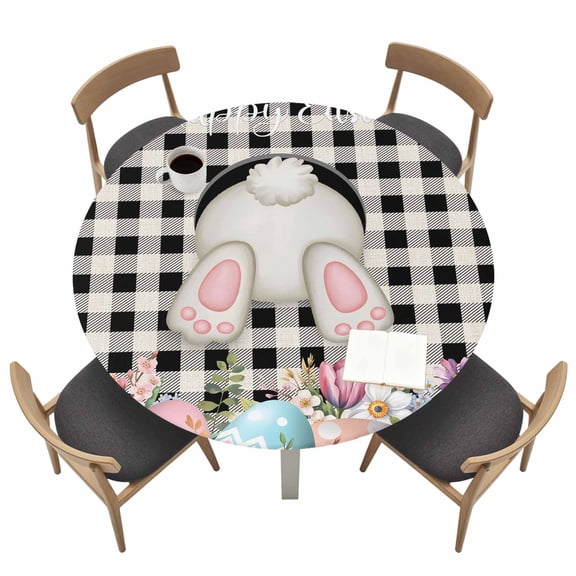 Easter Bunny Fitted Tablecloth with Elastic Edged, Round Table Cloth for Dining Table, Vintage Watercolor Eggs Flower Black Plaid Waterproof Oil Proof Table Cover for Indoor Outdoor 45"-54"