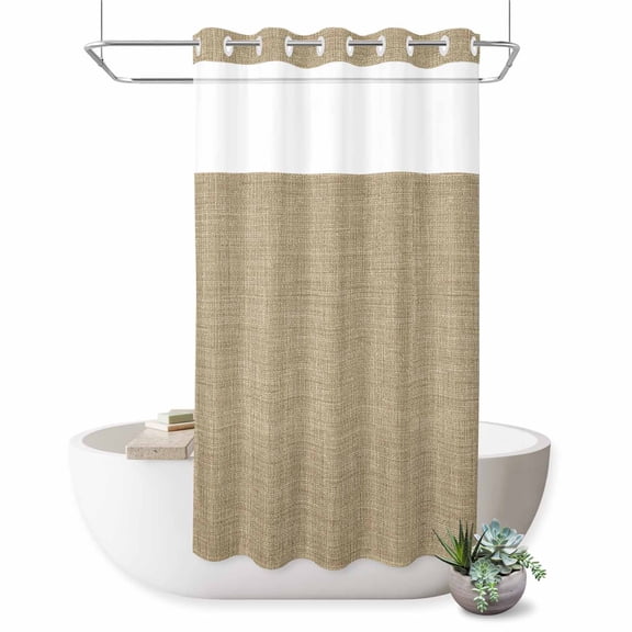 No Hook Shower Curtain for Bathroom, Brown Farmhouse Waterproof Hotel Quality Shower Curtains, Vintage Country Monochrome Textured Single Layer & Mesh Top Washable Fabric Bath Curtain Decor 36''x72''