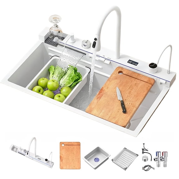 33 X 22 Inch Kitchen Sink Digital Display Embossed Large Single Groove 304 Stainless Steel Nano White Raindance Waterfall Sink with Pressurized Cup Washer and Two Waterfalls