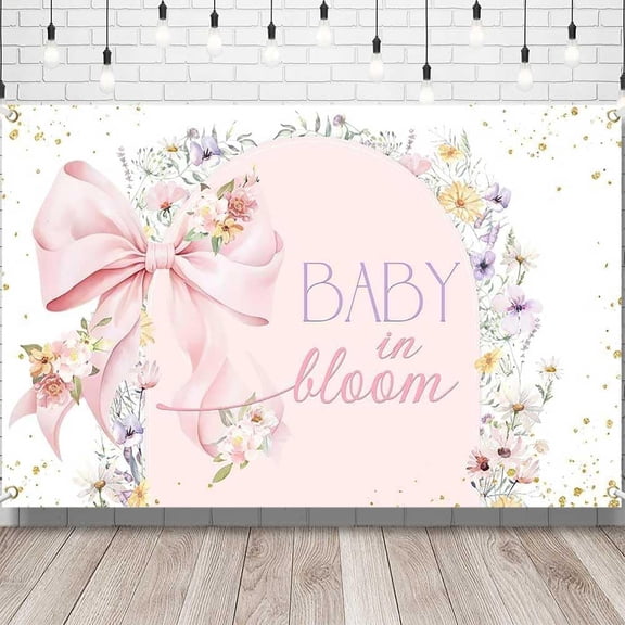 5.9x3.6FT Baby in Bloom Backdrop Pink Bow Watercolor Floral Baby Shower Background Spring Wildflower Newborn Celebrations Birthday Party Decorations Banner Supplies Photo Booth Props