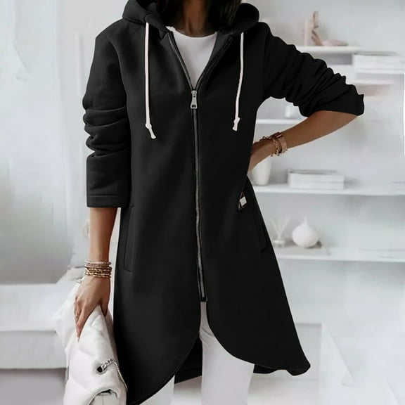 Azrian Hooded Plush-Lined Sweatshirt with Asymmetric Hem - Women's Solid Color Hoodie Zipper Long Sleeve Sweatshirts Pockets Irregular Hem Long Coat Tops