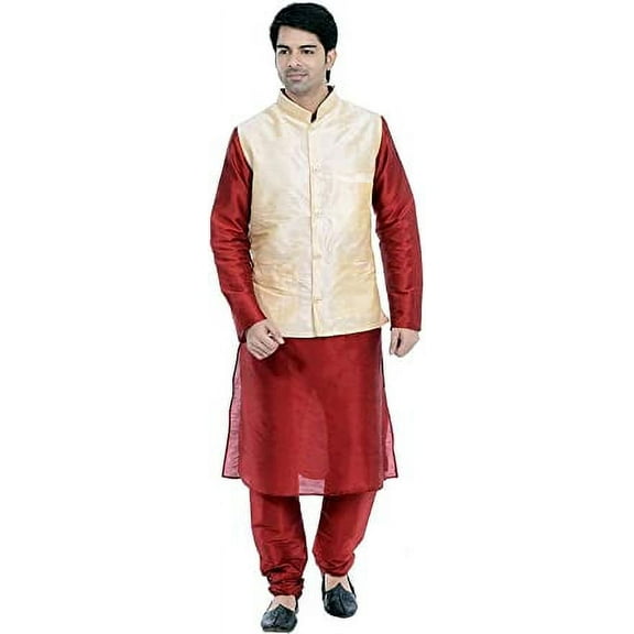 Royal Kurta Men's Silk Blend Kurta Pyjama And Nehru Jacket Set (40, Gold-Maroon)
