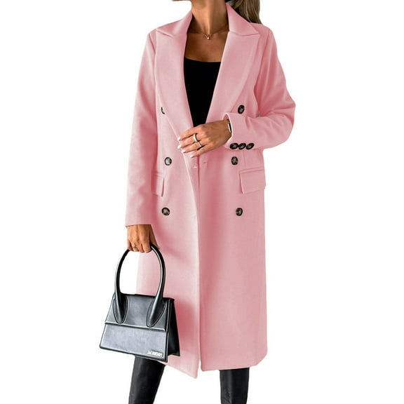 Womens Long Wool Coat Double Breasted Trench Coat Fall Winter Clothes Pink XXXL