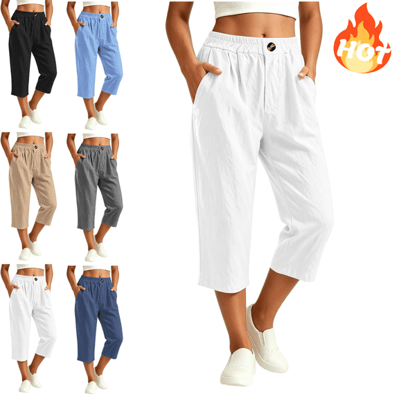 Mifsaly Loose Capri Pants for Women Elastic Waist Casual Summer Capris Lightweight Comfy Lounge Office Work Outfits with Pockets White,XXXL