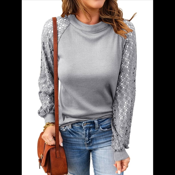 Camiseta de Larga con Cuello Redondo para Mujer, Otoño-Invierno, con Costuras de Gofre y Encaje, Ajustada Gris M