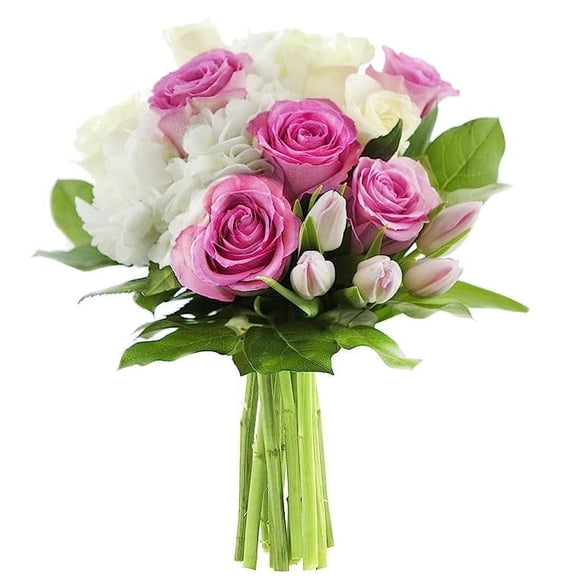 Kabloom Fresh Flower Bouquet with Pink Roses, White Roses, Pink Tulips, White Hydrangeas, and Lemon Leaf Greens