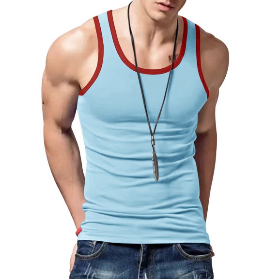Men'S Gym Workout Tank Tops Color Blocking Sleeveless Muscle Shirts for Beach & Athletic Wear Light Blue & Red S