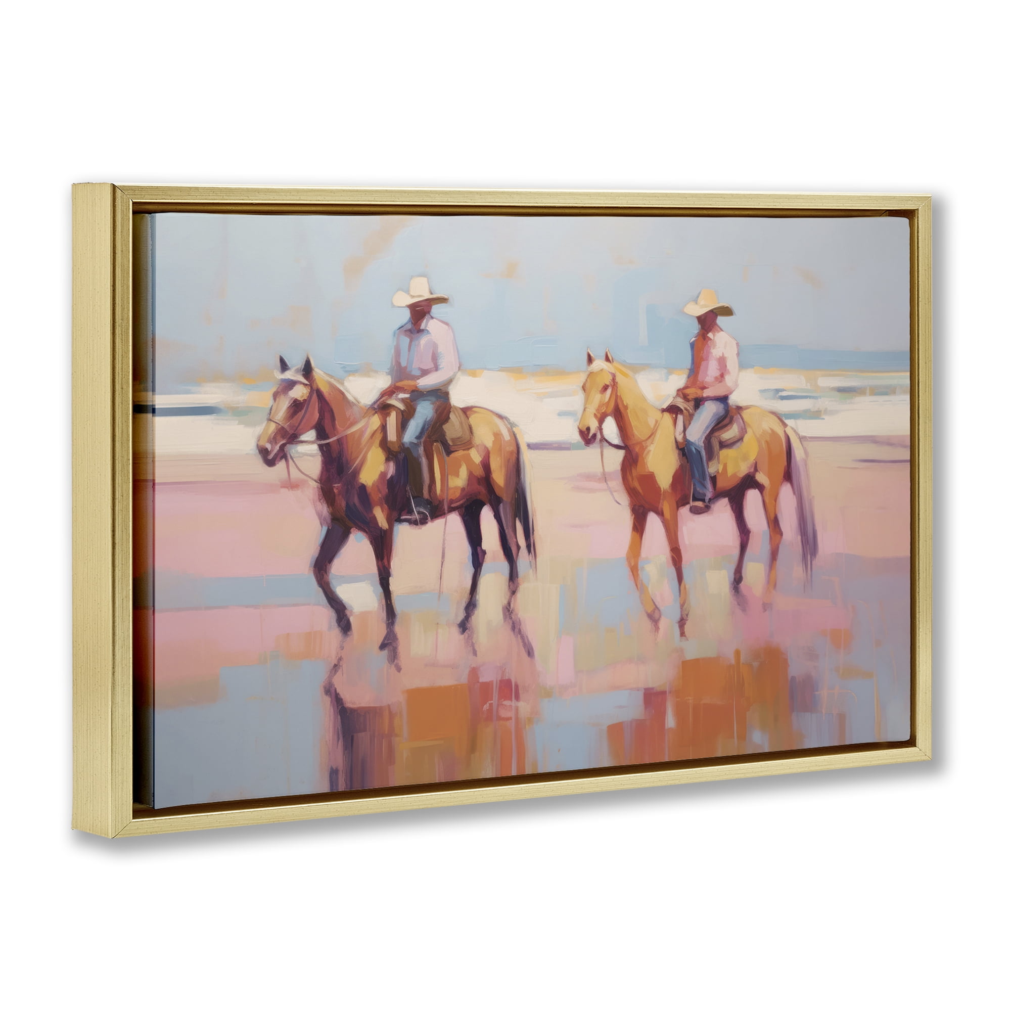 Stupell Industries Two Cowboys in Creek People Painting Gold Floater Framed Canvas Art Print Wall Art, 25 x 17
