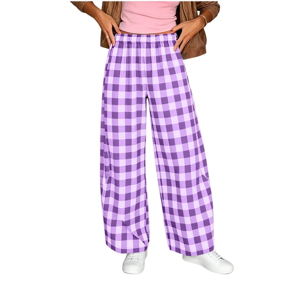 Guluxicc Plaid Print Pants for Womens Elastic Waist Casual Wide Leg Trousers with Pockets Loose Fit Pants for Travel