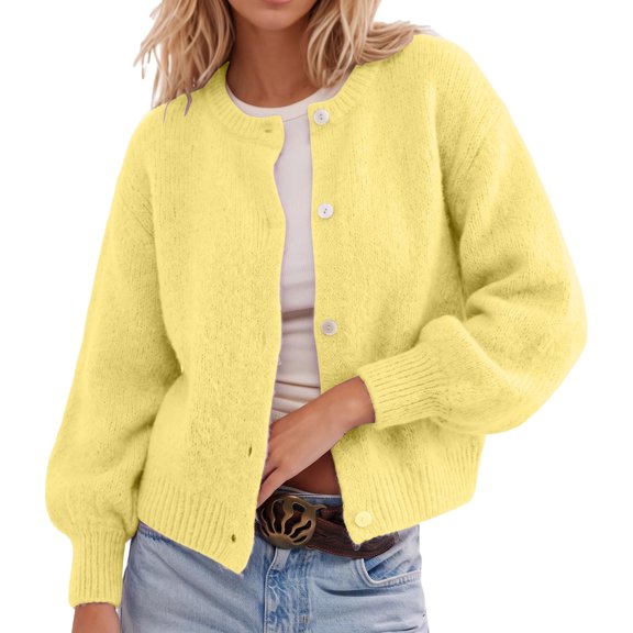 IWRICH Women's Button down Lightweight Cardigan Sweater Cute Fall Fashion Lantern Long Sleeve Crew Neck Solid Color Tops L
